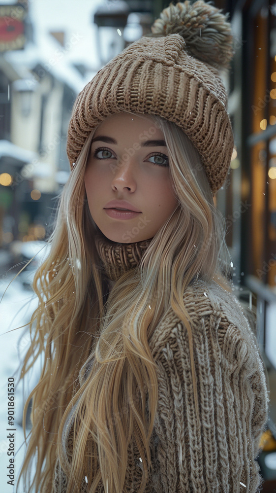 a 24-year-old beautiful woman with long golden blonde shiny hair, light grey eyes,exploring snowy city streets,generative ai a 24-year-old beautiful woman with long golden blonde shiny hair, light grey eyes,exploring snowy city streets,generative ai