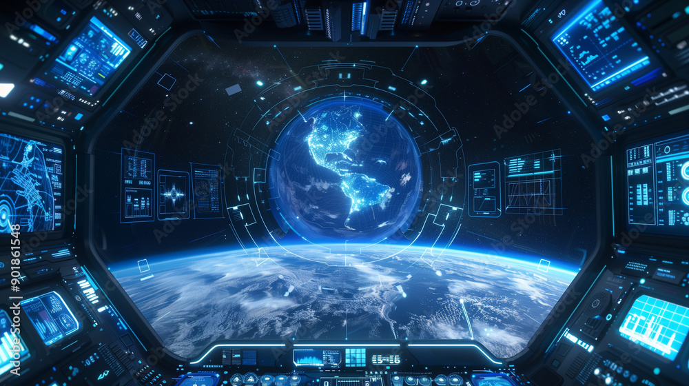Fototapeta premium Futuristic blue holographic display orbiting the Earth in space. Concept of global information and connectivity, communication system interface, internet visualization on control panel.
