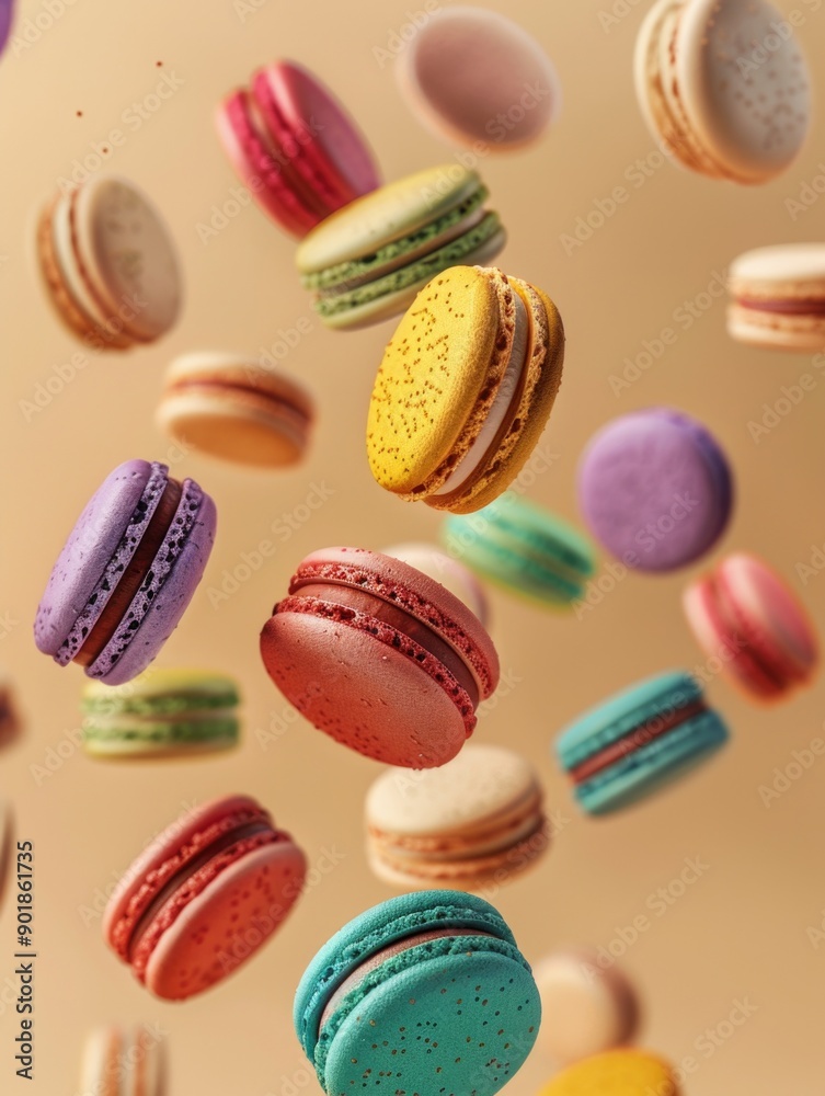 A bunch of colorful macarons suspended in mid-air, perfect for party or bakery promotional use A bunch of colorful macarons suspended in mid-air, perfect for party or bakery promotional use