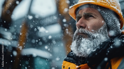 A worker, well-protected with a hardhat and heavy gear, focuses intensely on their task despite the heavy snow and cold conditions, showcasing commendable resilience and focus. photo