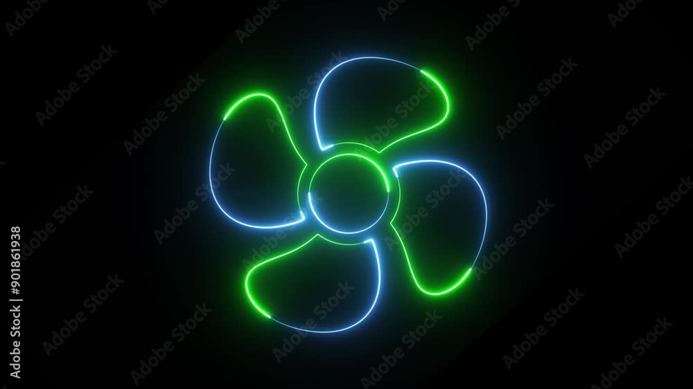 Special fan sign neon icon with rotating Four-pointed fan on black background. Blurred lightning. Animation. Special fan sign neon icon with rotating Four-pointed fan on black background. Blurred lightning. Animation.