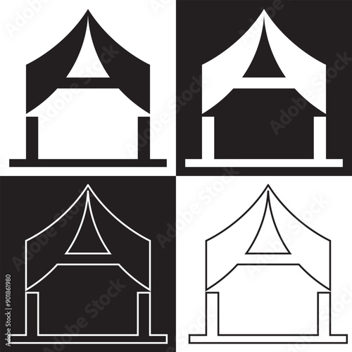 Event tent thin line icon set. Containing tent of festival, circus, party, sales, and carnival. Awning, marquee, and pavilion vector illustration. isolated on white and black background. EPS 10
