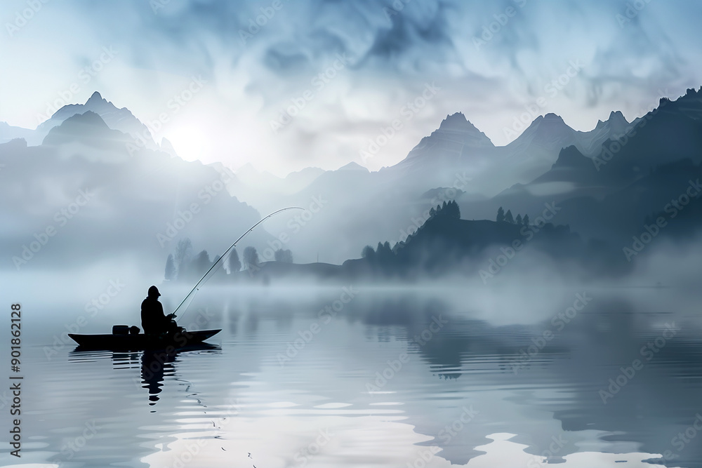 A man is fishing in a lake surrounded by mountains. The sky is cloudy and the water is calm A man is fishing in a lake surrounded by mountains. The sky is cloudy and the water is calm