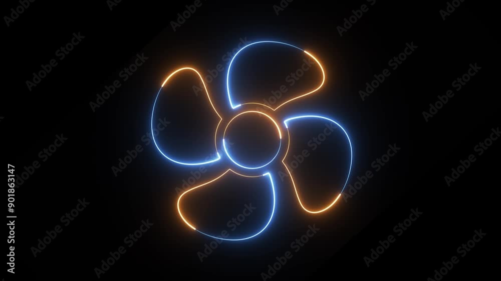 Special fan sign neon icon with rotating Four-pointed fan on black background. Blurred lightning. Animation.