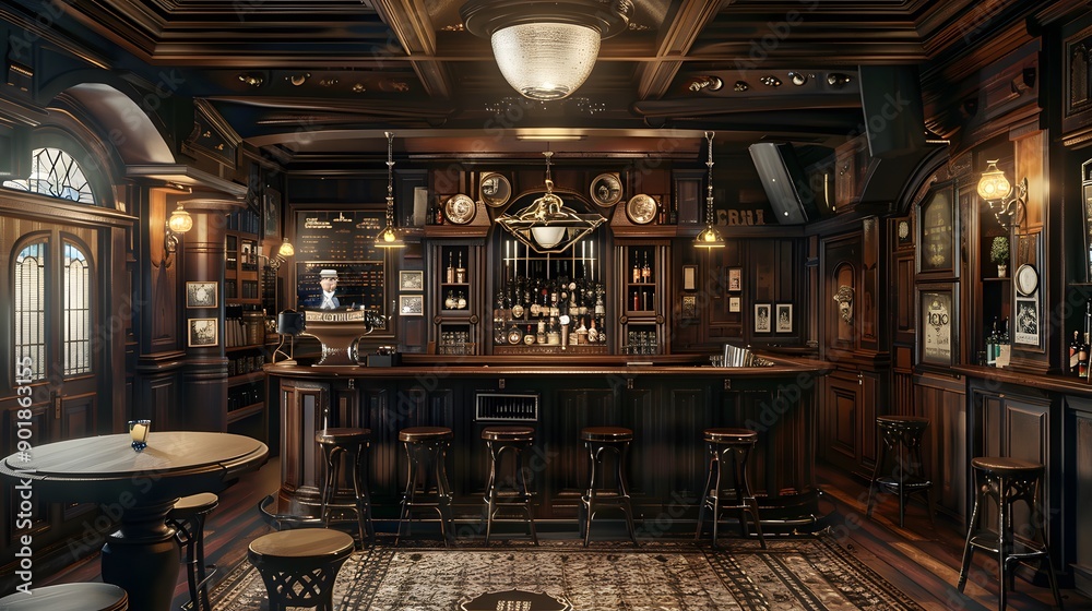 Old bar scene in a British-style pub, with detailed wooden paneling, vintage decor, and a timeless, inviting ambiance