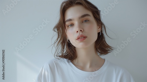 Individual wearing a white tee posing dramatically against a simple background perfect for marketing or promotional materials

