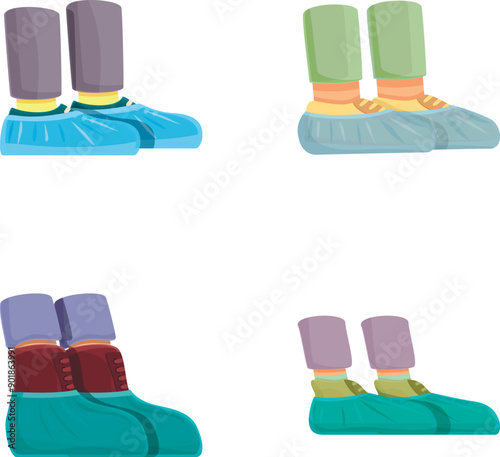 Footgear cover icons set cartoon vector. Blue medical shoe cover. Public hygiene