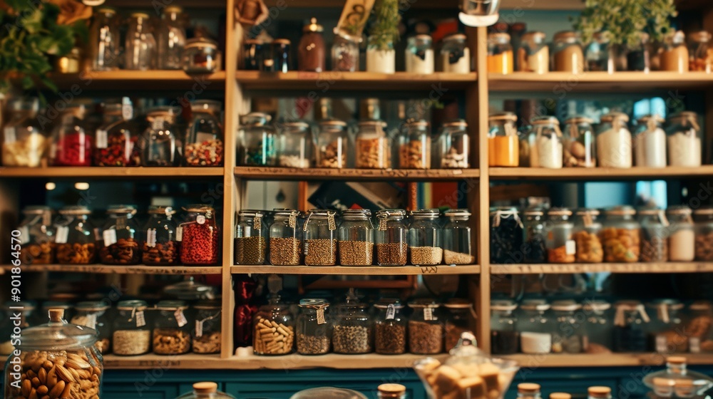 Variety of spices in glass jars on wooden shelves Variety of spices in glass jars on wooden shelves