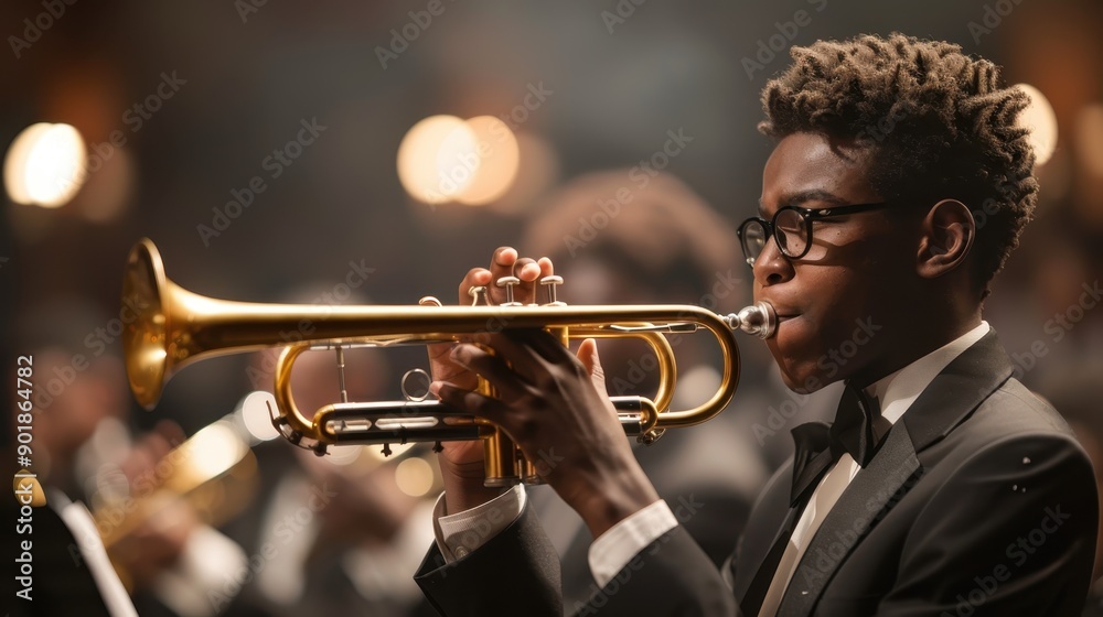 Obraz premium Talented Student Jazz Musician Playing Trumpet in School Band Performance