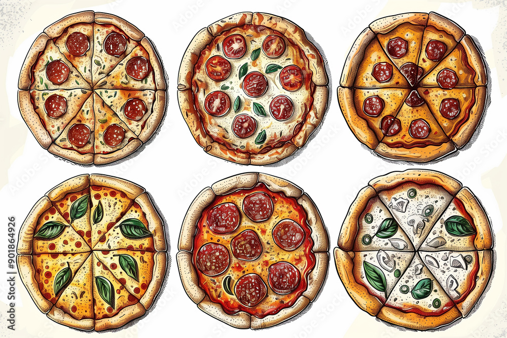 Set of pizzas hand drawn set. Engraving style Set of pizzas hand drawn set. Engraving style