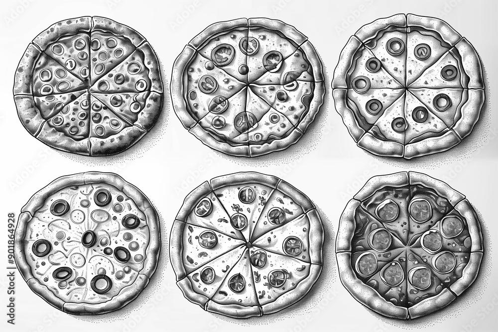 Set of pizzas hand drawn set. Engraving style Set of pizzas hand drawn set. Engraving style