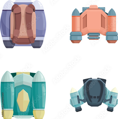 Jetpack cylinder icons set cartoon vector. Equipment for personal air flight. Future technology