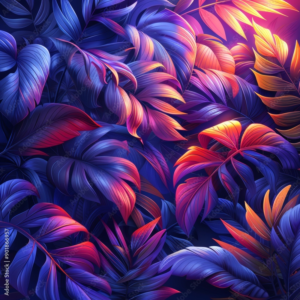 Captivating composition of colorful tropical leaves creating a vibrant and dense jungle atmosphere Captivating composition of colorful tropical leaves creating a vibrant and dense jungle atmosphere