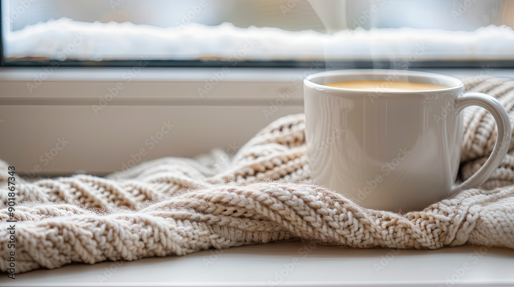 A warm mug of coffee sits on a knitted blanket by a frosted window, creating a cozy atmosphere on a chilly winter morning