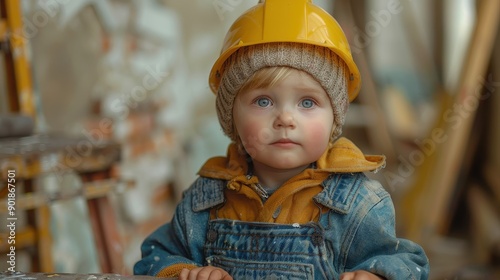 A thoughtful child wearing a yellow hard hat and worker's attire stands in a construction environment, illustrating youthful curiosity and early dreams of building and creating.