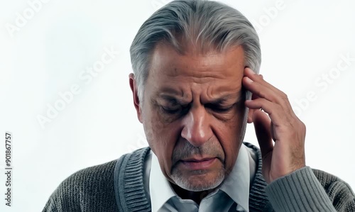 Wallpaper Mural Medium shot portrait video of a man in his 60s with furrowed brows and a tense expression due to hypertension wearing a chic cardigan against a white background  Torontodigital.ca