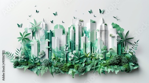 Sustainable ESG Green Concept with Paper Art Collage of Eco-Friendly Urban Landscape and Nature Elements