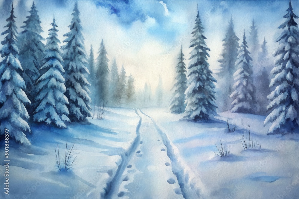 Obraz premium Serene winter wonderland featuring snow-covered pines and footprints in the fresh powder
