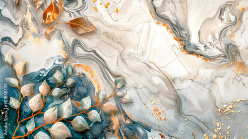 Beautiful marble background texture with leaves abstract blue and gold, high-resolution 