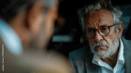 In a reflective moment, an elderly man with grey hair and glasses looks pensively at someone. He sports a subtle beard and wears a suit, creating an aura of wisdom and contemplation.