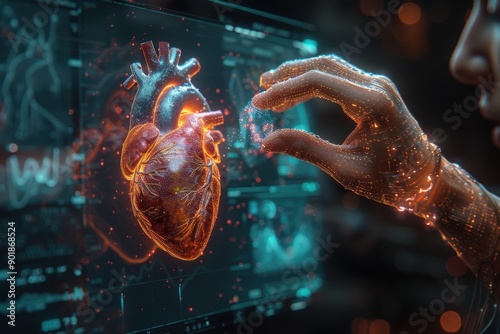 Innovative Medical Technology Depiction with a Futuristic Hand Interacting with a Digital Holographic Human Heart in a High-Tech Environmenttechnology photo