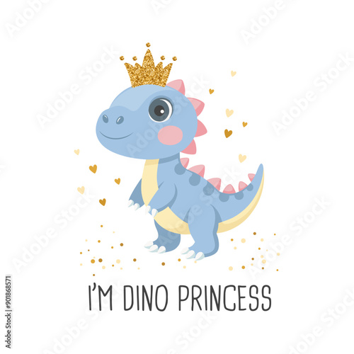 Princess dino card template. Cute dinosaur fairy, baby sweet poster. Scandinavian style animal