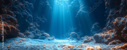 Enchanting Underwater Dreamscape with Sunlight Beams Illuminating a Serene Ocean Floor photo