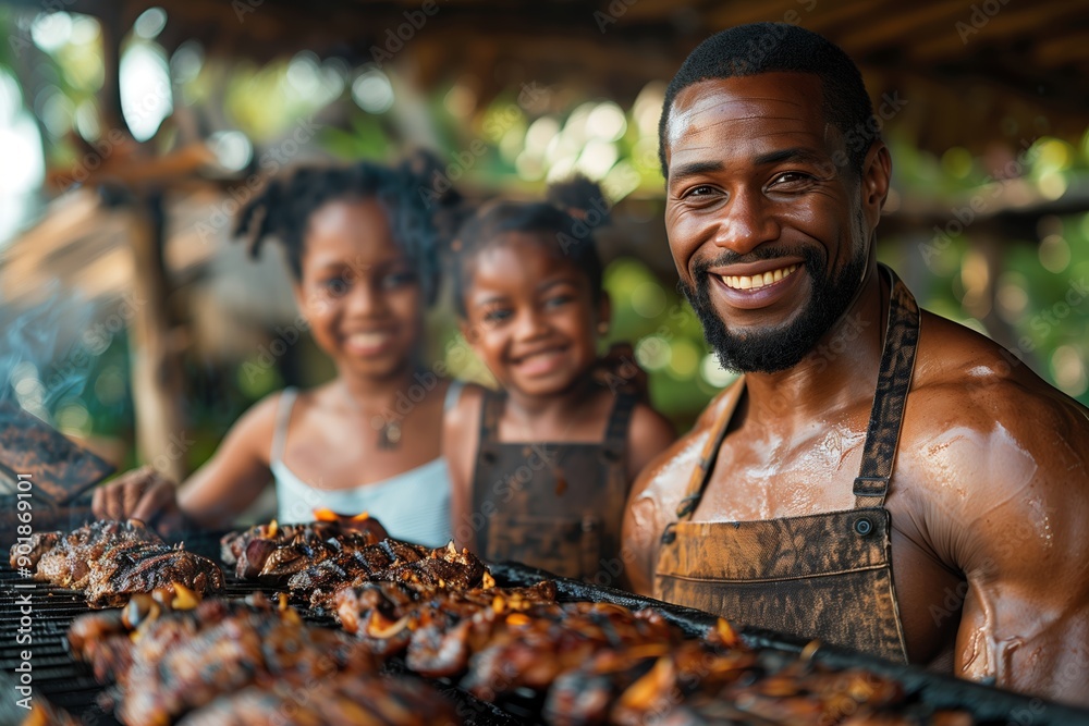 Smiling Family Enjoys Grilling Barbecue Together in a Tropical Outdoor Setting Smiling Family Enjoys Grilling Barbecue Together in a Tropical Outdoor Setting