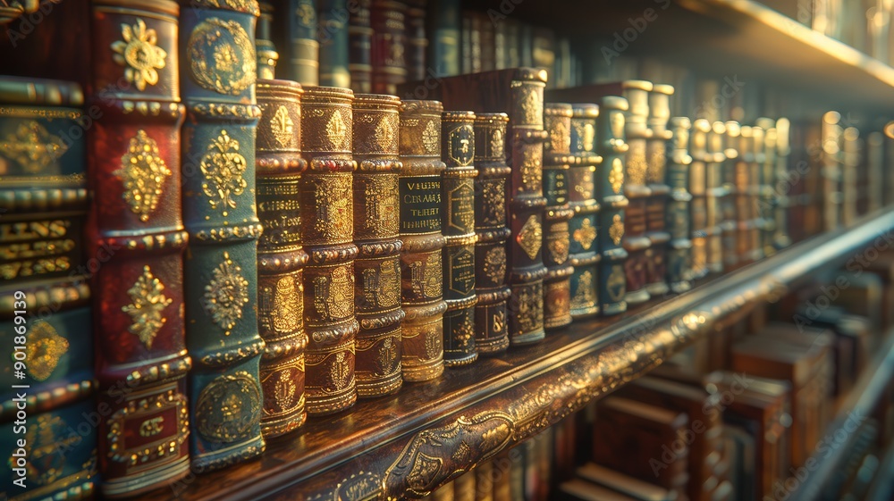 Antique Leather-Bound Books on Wooden Shelves in Vintage Library with Ornate Gold Detailing and Warm Ambient Lighting Highlighting the Rich Historical AmbianceAntique books Antique Leather-Bound Books on Wooden Shelves in Vintage Library with Ornate Gold Detailing and Warm Ambient Lighting Highlighting the Rich Historical AmbianceAntique books