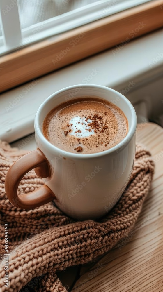 A warm mug of coffee sits on a knitted blanket by a frosted window, creating a cozy atmosphere on a chilly winter morning A warm mug of coffee sits on a knitted blanket by a frosted window, creating a cozy atmosphere on a chilly winter morning