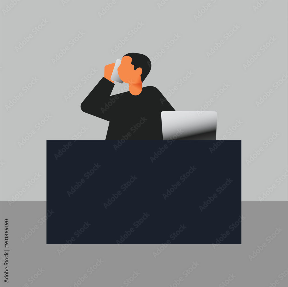 Fototapeta premium Business man using laptop computer sitting at a desk isolated vector illustration.
