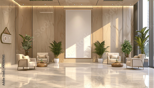 Modern lobby clean lines with empty blank white frame