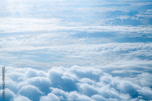 view of beautiful white clouds in the sky, natural background, view from plane, top view