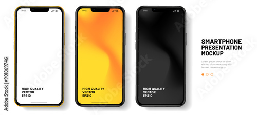 Realistic smartphone mockup. Mobile phone vector with isolated on white background. Device front view. 3D mobile phone with shadow. Realistic, high quality smart phone mockup for ui ux presentation.