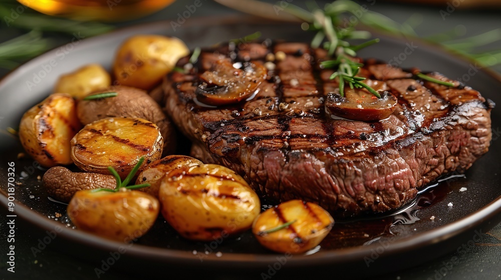 A steak and potatoes on a plate, topped with a sprig of rosemary A steak and potatoes on a plate, topped with a sprig of rosemary
