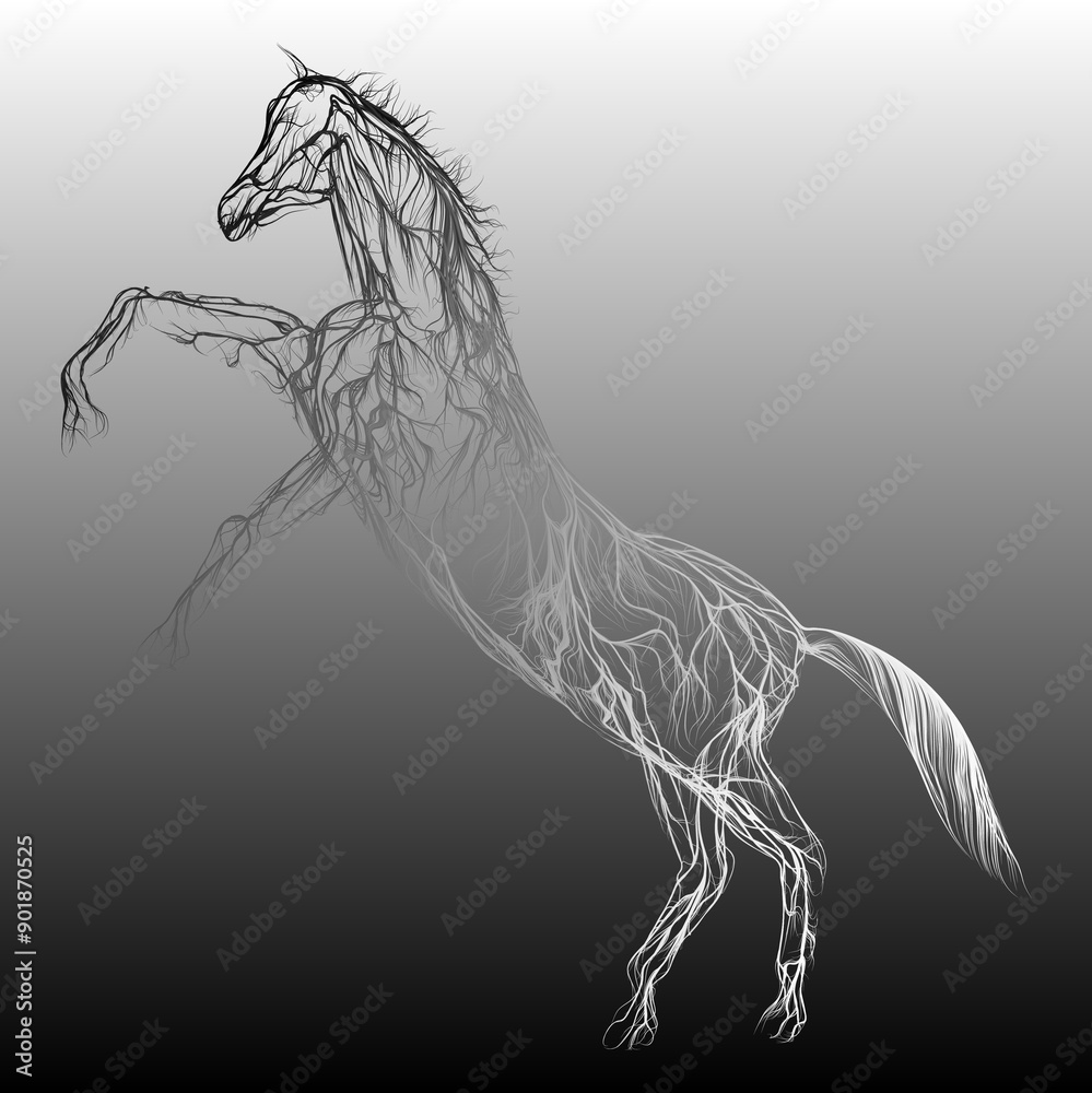 Composition of a horse standing in profile with wavy lines along the ...