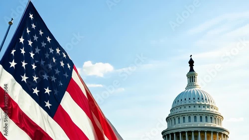 Wallpaper Mural American Flag and US Government Building Against Blue Sky Torontodigital.ca