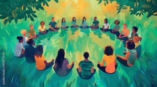 Visualize a group meditation session, with diverse individuals sitting in a circle, fostering a sense of community and shared focus on mindfulness.