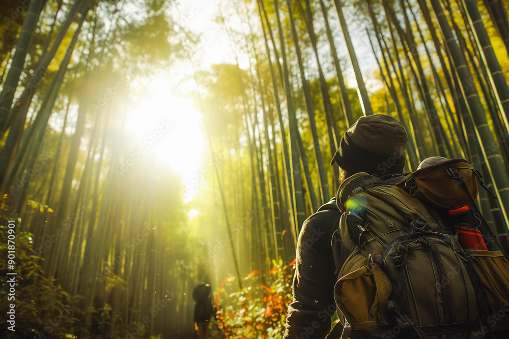 A man hiking through a bamboo forest, sunlight filtering through the stalks. A man hiking through a bamboo forest, sunlight filtering through the stalks.