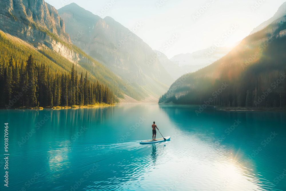 A man paddleboarding on a crystal-clear lake, surrounded by forested hills, backlit by the setting sun. A man paddleboarding on a crystal-clear lake, surrounded by forested hills, backlit by the setting sun.