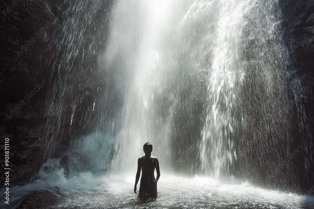 Obraz premium A man standing under a waterfall, water cascading around him.