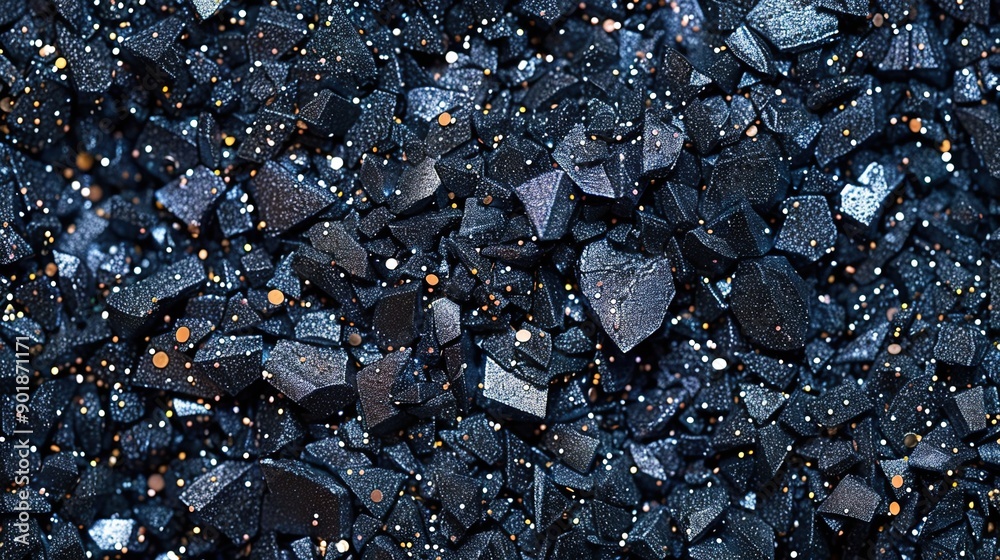 A pile of black rocks sits atop a mound of silver and gold specks arranged in layers A pile of black rocks sits atop a mound of silver and gold specks arranged in layers