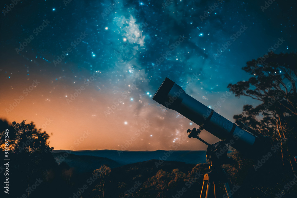 A telescope pointed at a starry night sky. Watching stars on a summer night. A telescope pointed at a starry night sky. Watching stars on a summer night.