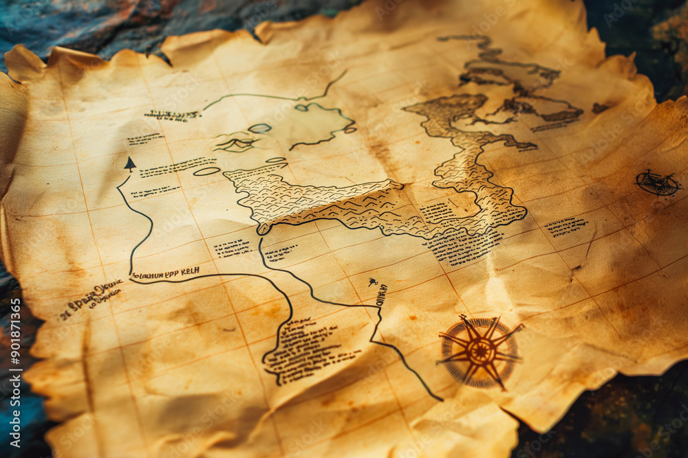 Obraz premium A treasure map with a dotted line leading to a hidden island.