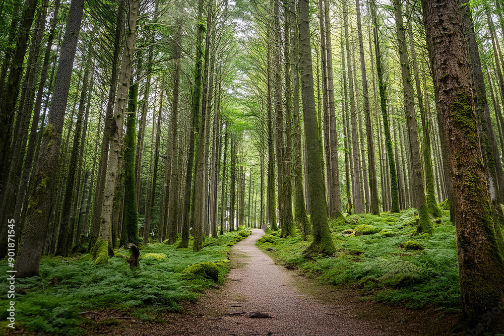 Obraz premium Bosque floreciente verde, con camino rural, en plena naturaleza