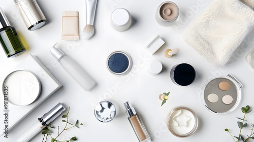 Various beauty products arranged on a white surface. photo