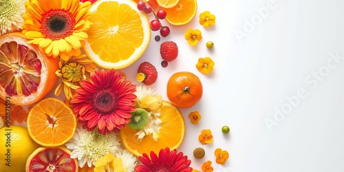 Colorful array of fresh fruits and flowers. A bright and vibrant composition of citrus fruits, berries, and blossoms on a white background. Perfect for food, wellness, and lifestyle designs.