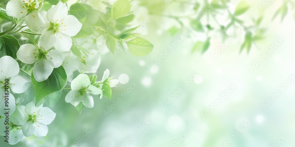 Spring blossoms on soft green and light bokeh background. A serene depiction of white flowers and lush foliage. Ideal for springtime promotions, nature themes, and seasonal marketing. Spring blossoms on soft green and light bokeh background. A serene depiction of white flowers and lush foliage. Ideal for springtime promotions, nature themes, and seasonal marketing.