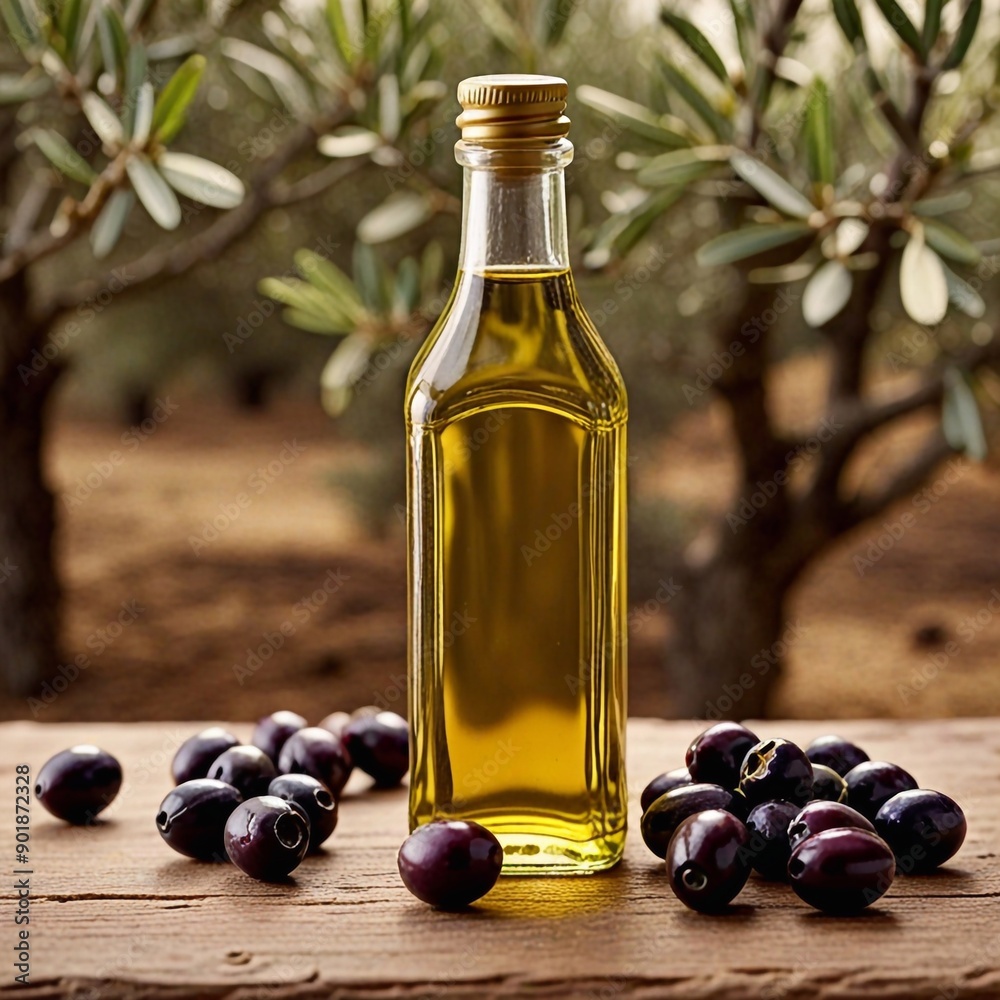A glass bottle with olive oil is next to ripe olives A glass bottle with olive oil is next to ripe olives