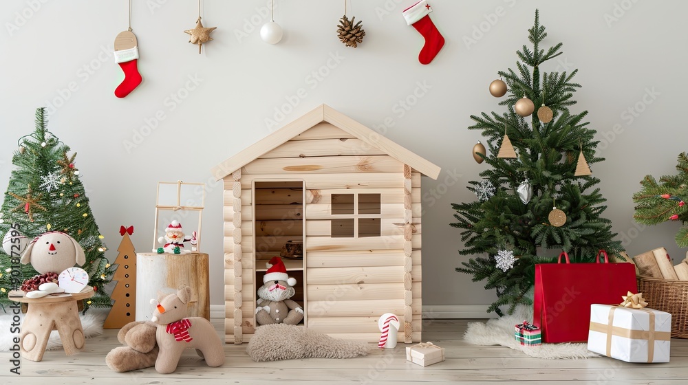Obraz premium A charming barn is adorned with holiday decorations, featuring Christmas trees, a bright door, wreath, and numerous wrapped gifts